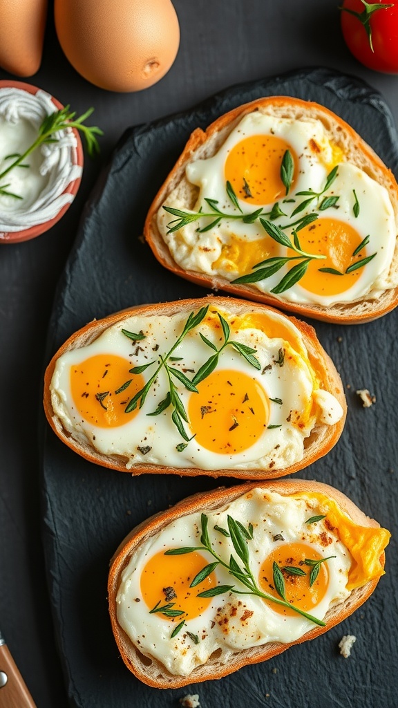Slices of egg-based bread topped with fried eggs and herbs on a slate board.