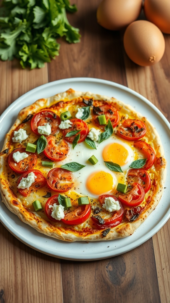 Egg-crusted pizza topped with tomatoes, eggs, and herbs on a wooden table.