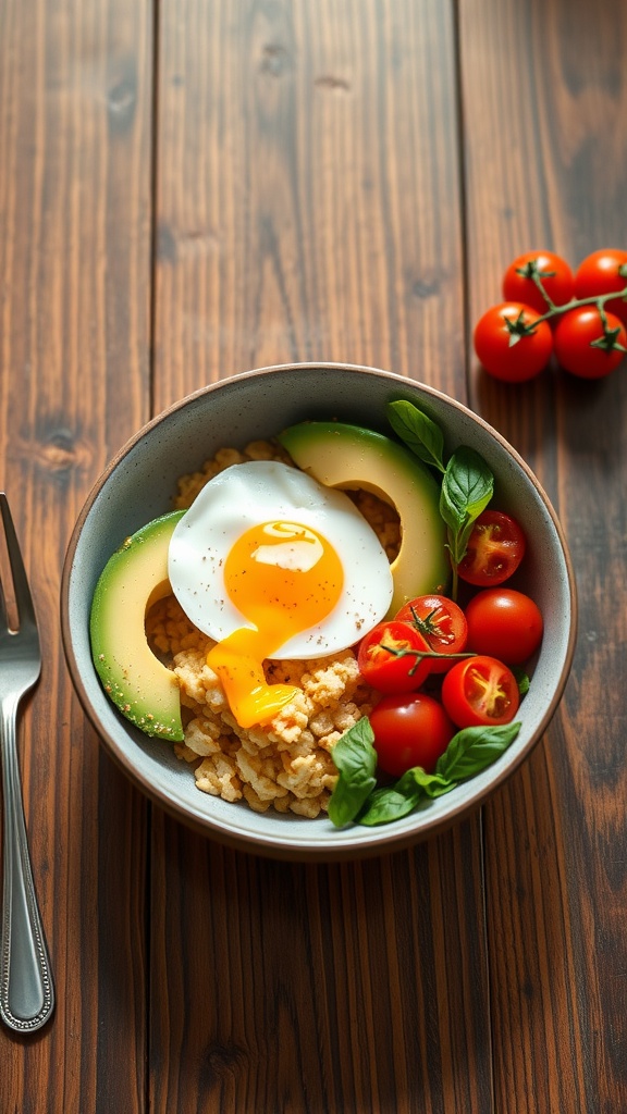 A bowl with an egg, avocado slices, cherry tomatoes, and herbs on a wooden table.