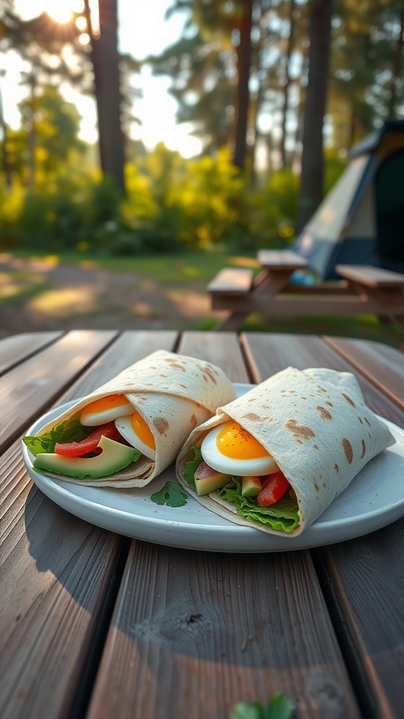 Two egg and avocado breakfast wraps on a plate, placed on a wooden table in a camping setting.