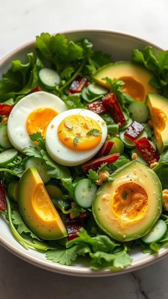 A colorful salad featuring sliced avocados, boiled eggs, and fresh greens.