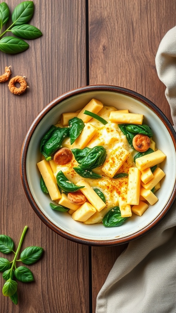 A delicious egg and cheese breakfast bowl with greens on a wooden table.