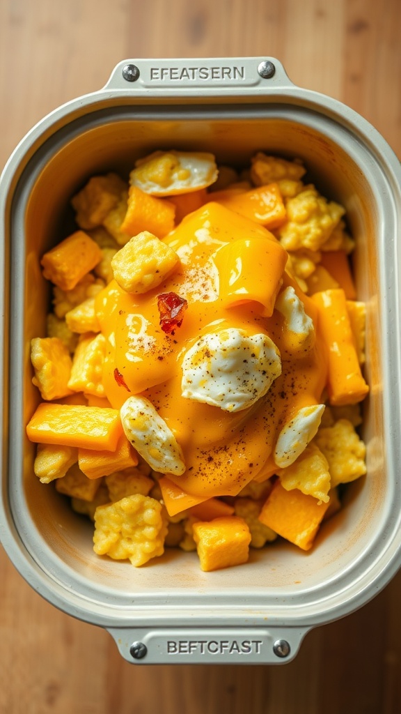 A delicious egg and cheese breakfast bowl with chunks of cheese and scrambled eggs