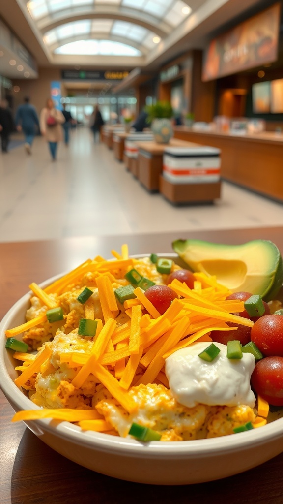 A hearty Egg and Cheese Breakfast Bowl filled with eggs, cheddar cheese, avocado, cherry tomatoes, and green onions.