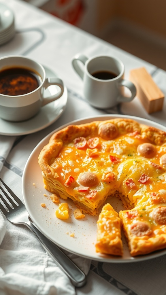 A delicious egg and cheese breakfast casserole served on a plate with coffee cups in the background.