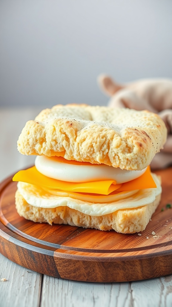 Egg and cheese sandwich on cloud bread on a wooden plate.