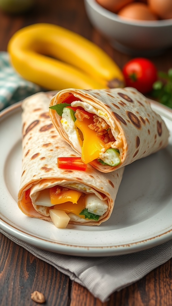 Two egg and cheese breakfast wraps on a plate, surrounded by fresh ingredients