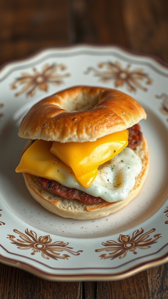 A close-up of an egg and sausage breakfast biscuit sandwich with melted cheese, served on a decorative plate.