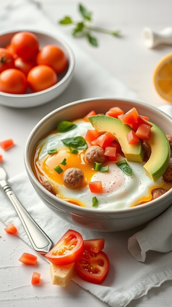 A delicious egg and sausage breakfast bowl with sliced tomatoes, avocado, and fresh herbs.