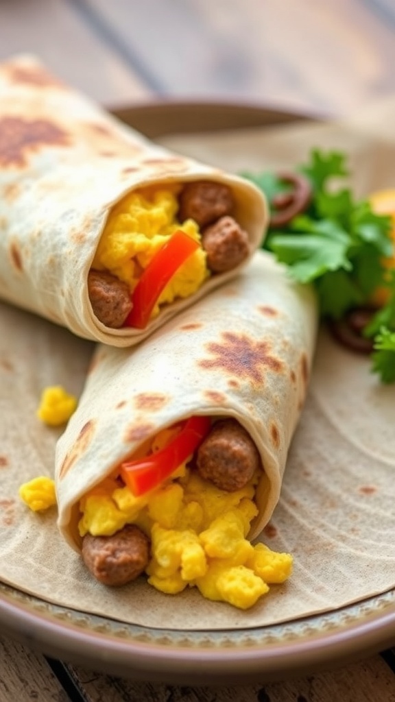 Egg and sausage breakfast burrito in a low carb tortilla