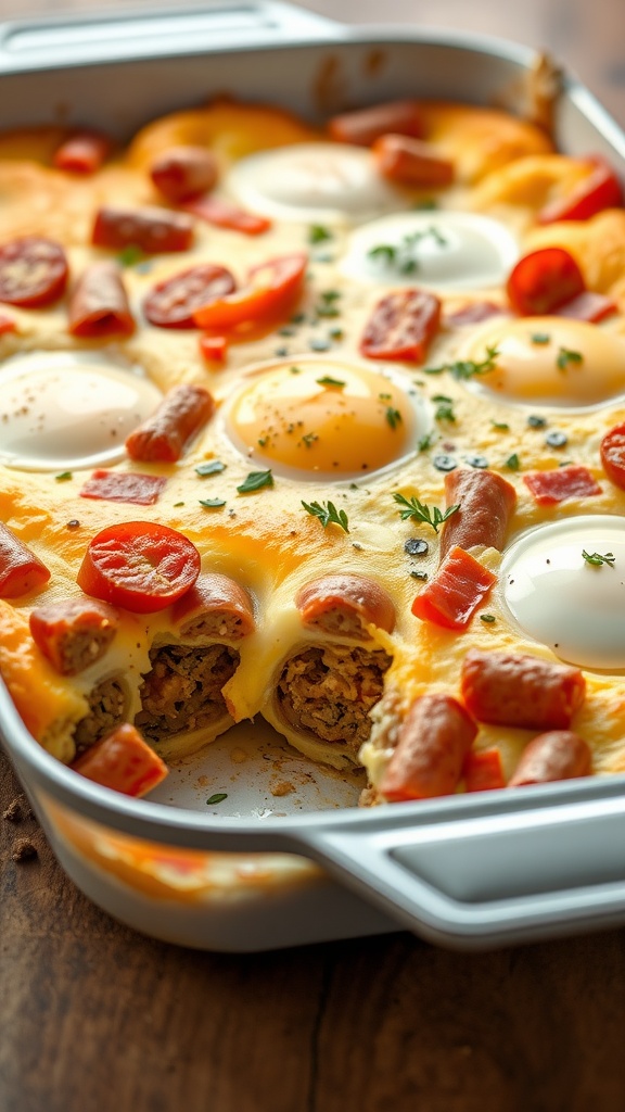 A delicious egg and sausage breakfast casserole topped with tomatoes and herbs.