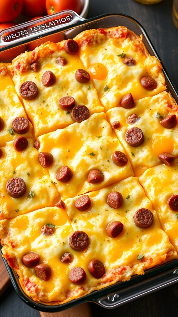 A baked breakfast casserole with eggs, sausage, and melted cheese.