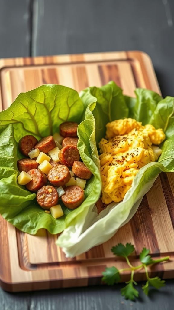 A delicious egg and sausage breakfast lettuce wrap on a wooden cutting board.