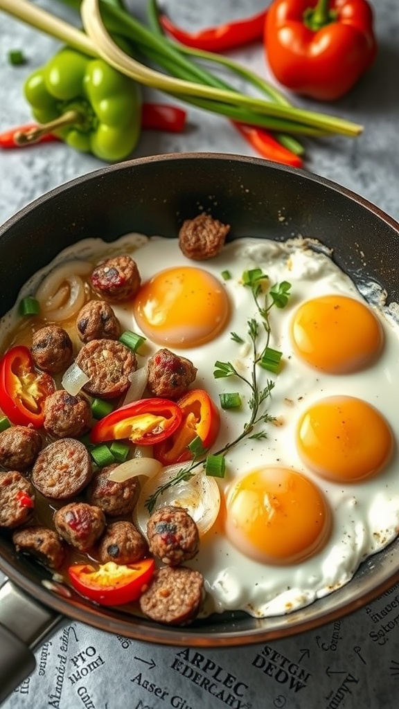 A skillet filled with eggs, sausage, and colorful vegetables.