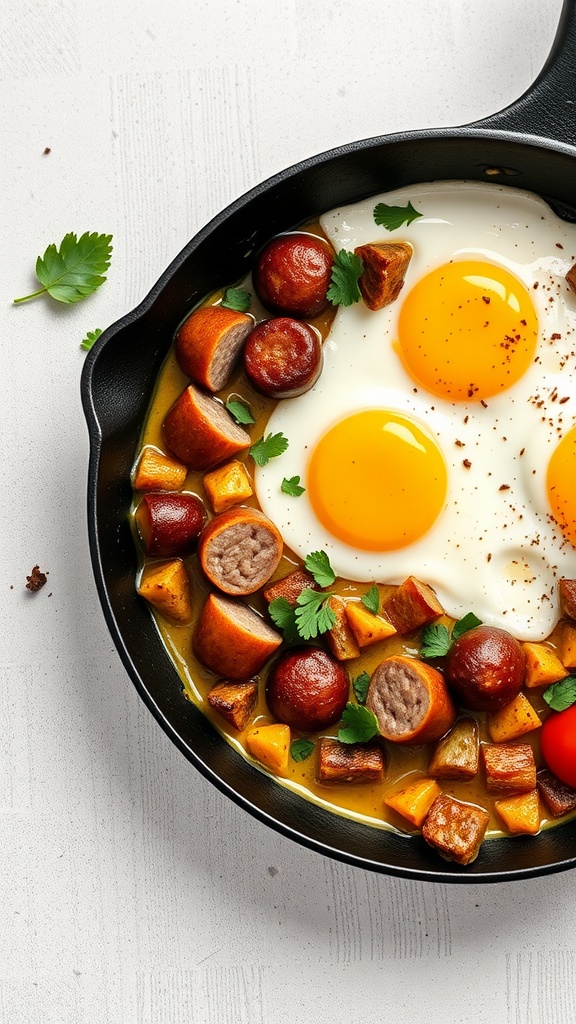 A cast iron skillet filled with two eggs, sausage, and diced vegetables.