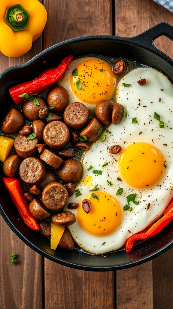 A skillet filled with eggs, sausage, and vegetables.