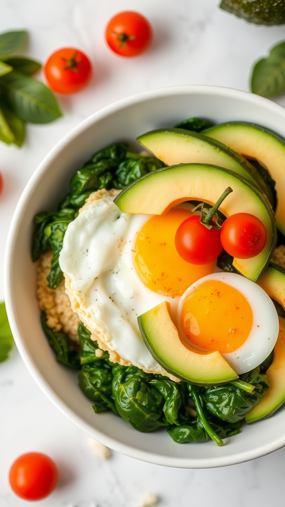 A healthy breakfast bowl featuring eggs, spinach, cherry tomatoes, and avocado.