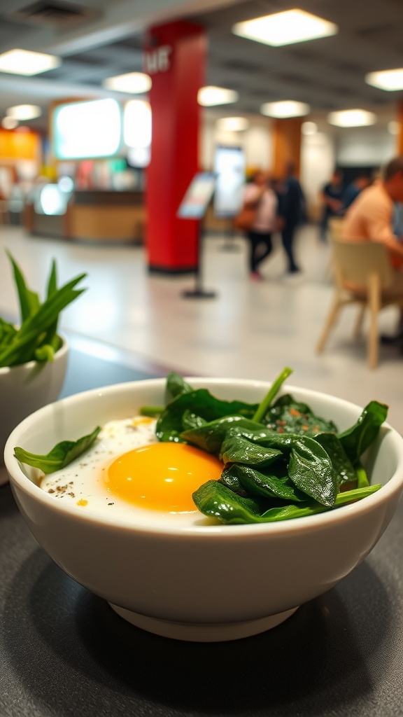 A bowl with spinach and a sunny-side up egg, placed in a food court setting.