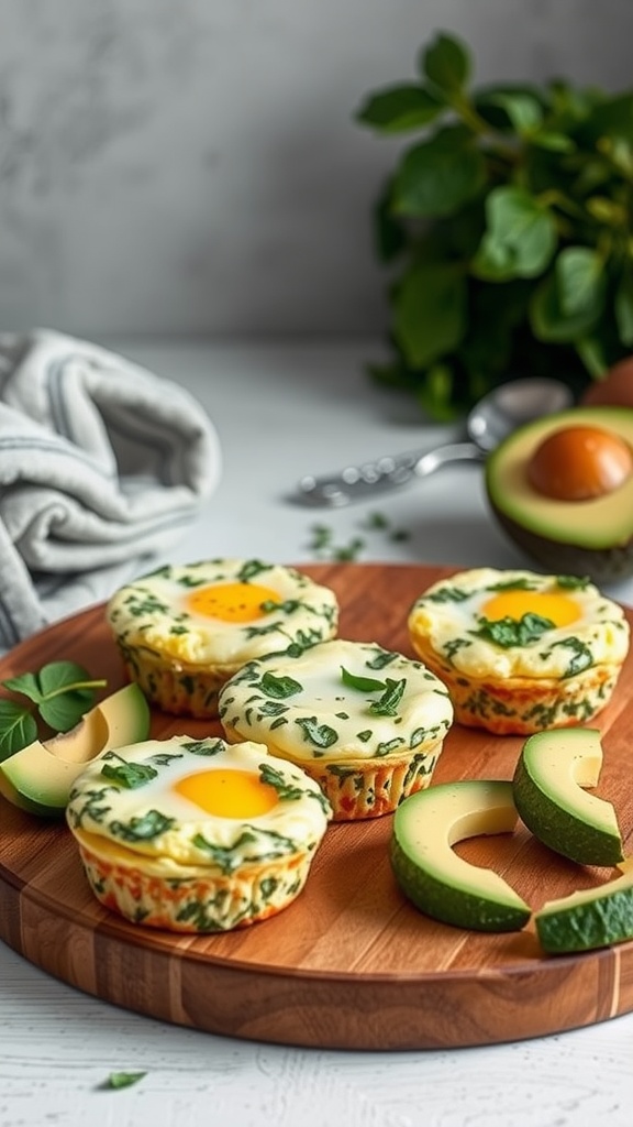 A wooden platter with egg and spinach breakfast muffins and sliced avocado.