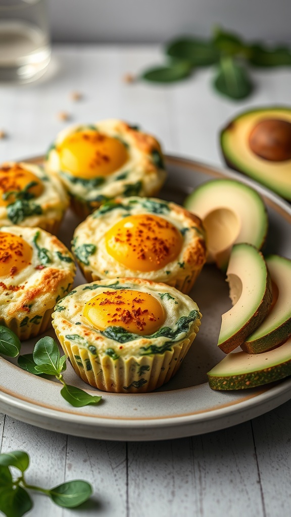 Egg and spinach breakfast muffins on a plate with avocado slices