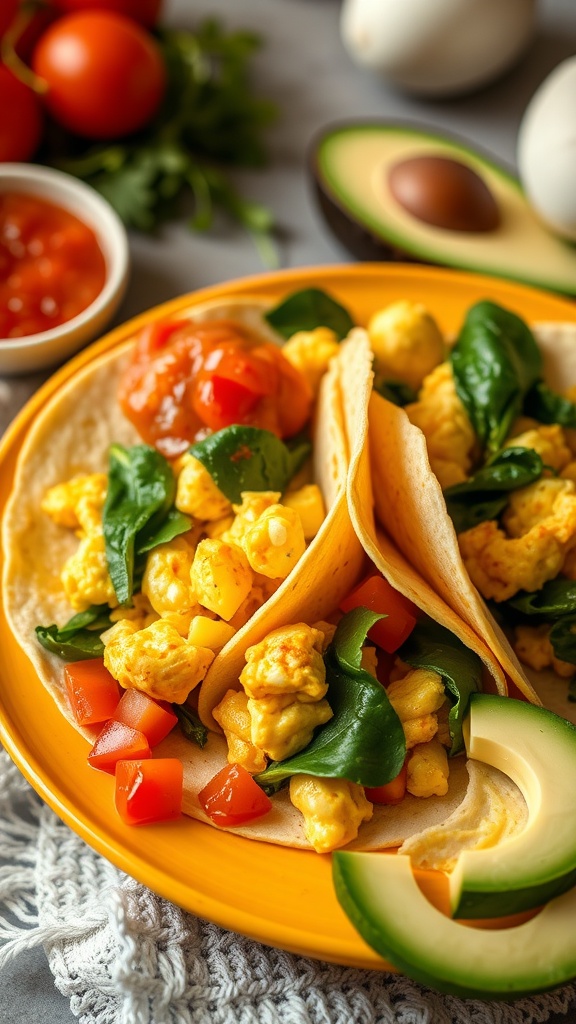 Colorful egg and spinach breakfast tacos on a plate with tomatoes and avocado