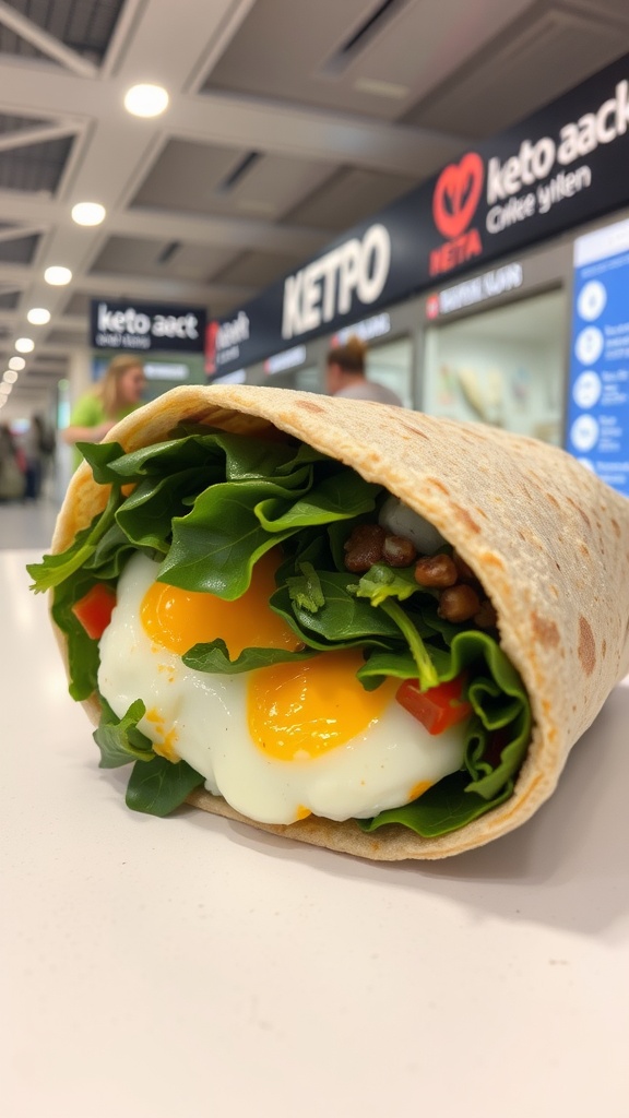 A close-up of an egg and spinach breakfast wrap featuring greens and tomatoes, with an airport background.