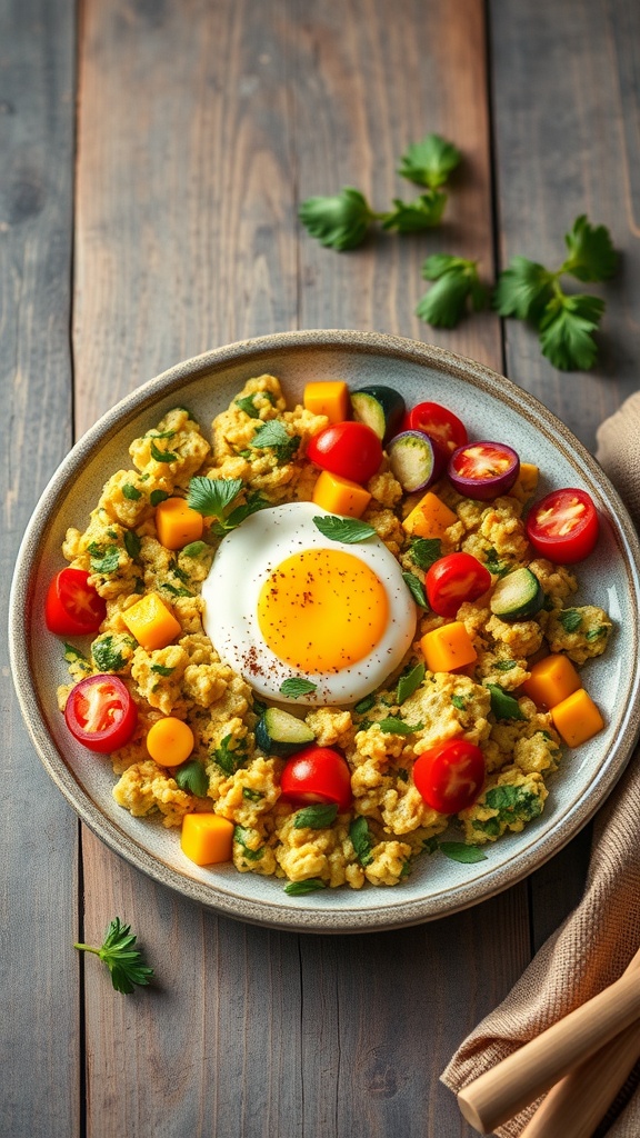 A vibrant plate of egg and veggie scramble with mixed vegetables and a sunny-side-up egg.