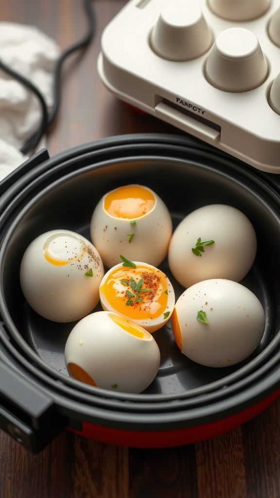 A white egg cooker with perfectly boiled eggs on a plate.