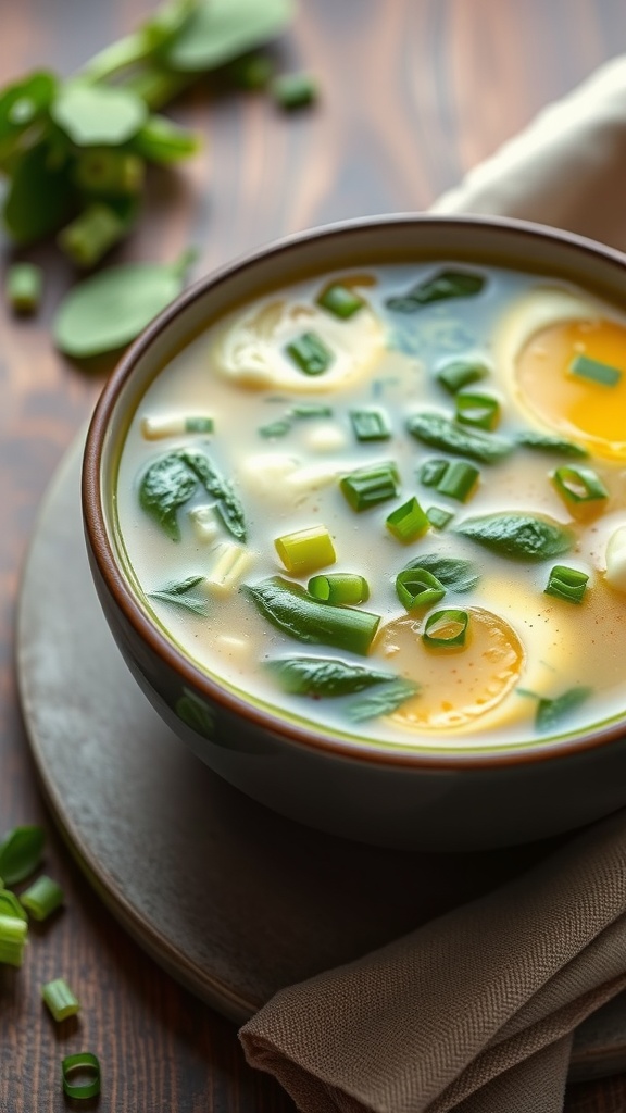 A bowl of egg drop soup with spinach and green onions