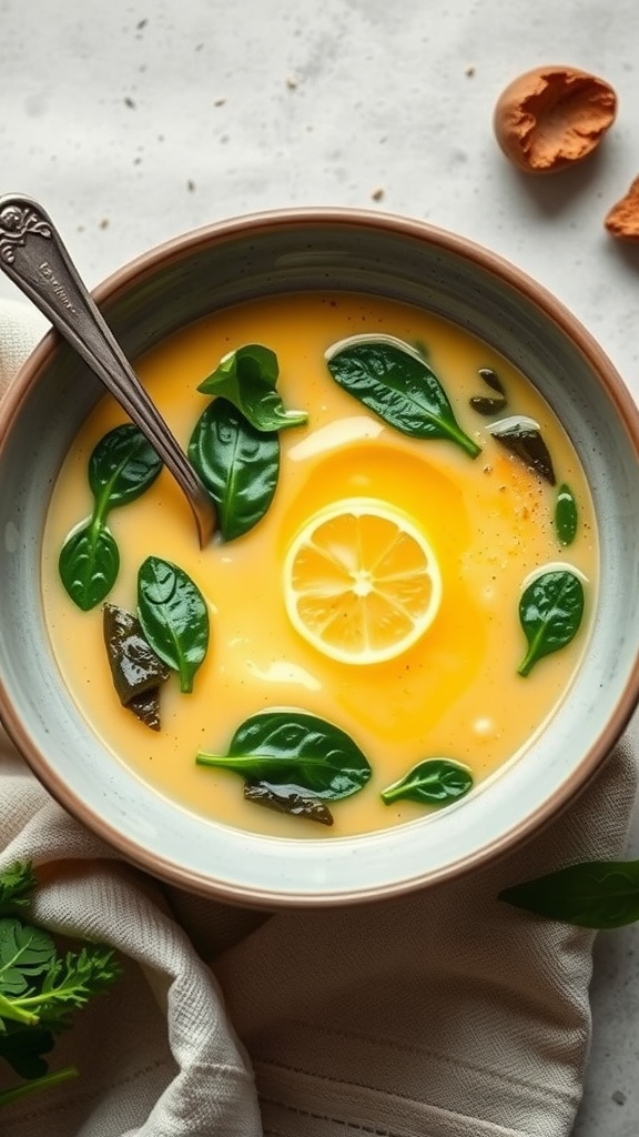 Bowl of egg drop soup with spinach and a lemon slice on top