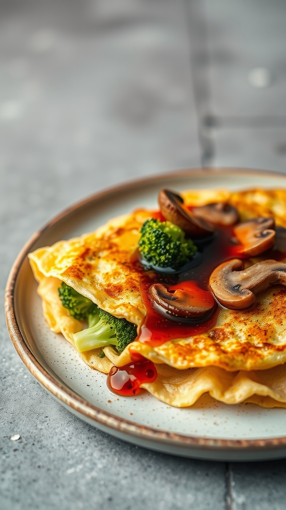 A plate of Egg Foo Young topped with broccoli and mushrooms, drizzled with sauce.
