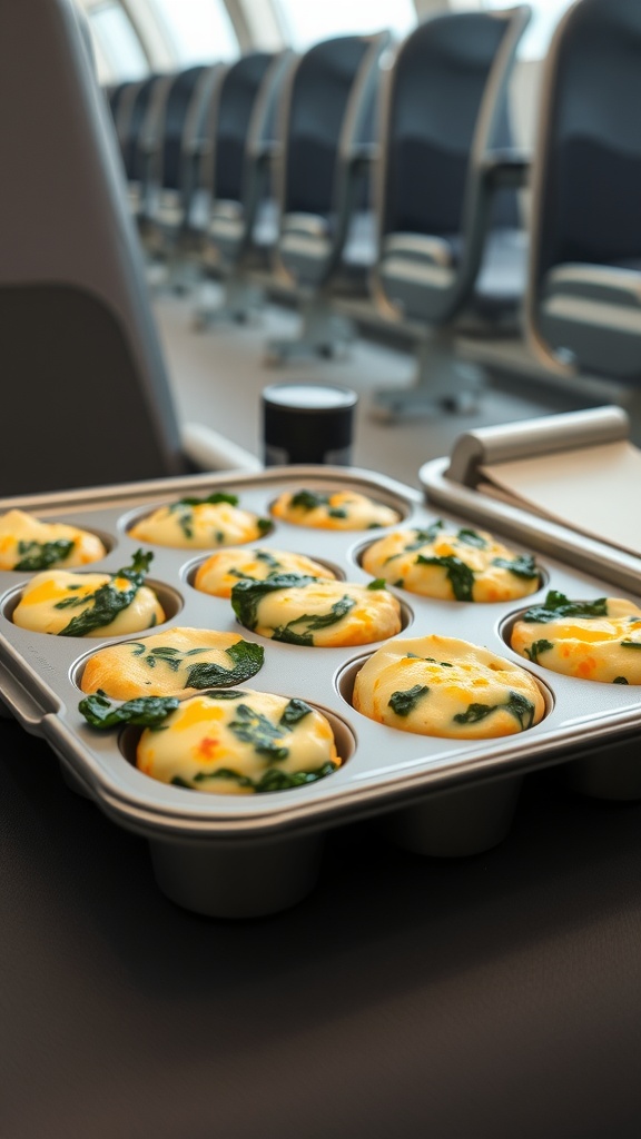 A tray of egg muffins with spinach in an airport terminal setting.