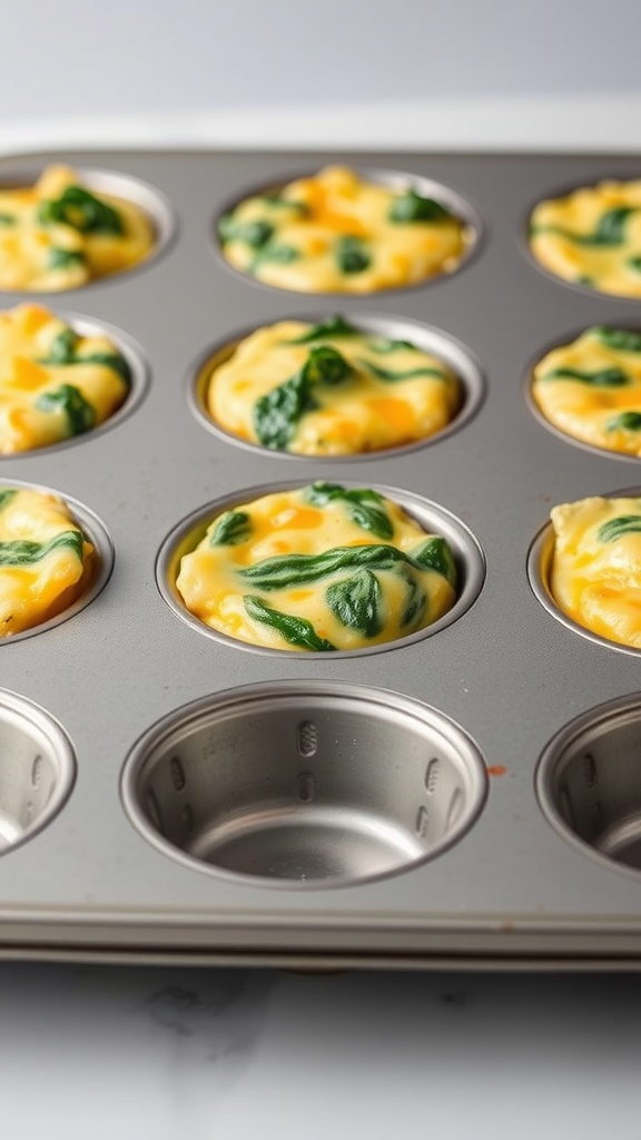 A close-up of egg muffins with spinach and cheese in a muffin tin.