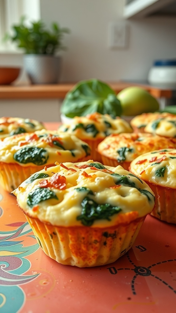 Egg muffins with spinach and cheese on a colorful surface.