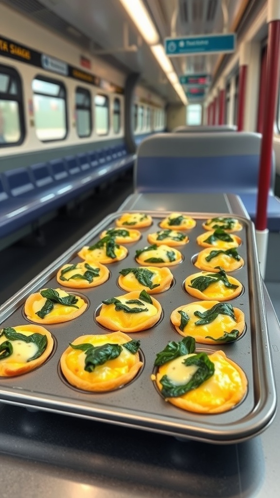 A tray of egg muffins with spinach and cheese on a train table