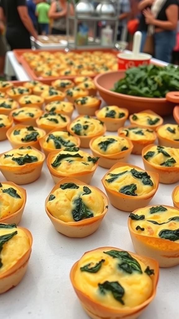 A display of egg muffins with spinach and cheese at a street festival.