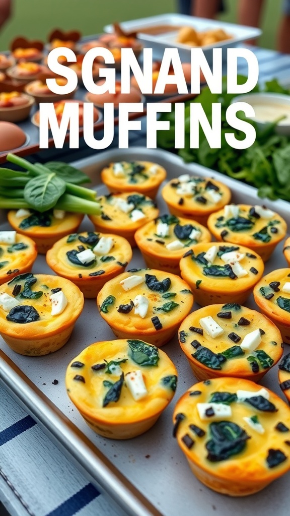 Delicious egg muffins with spinach and feta on a plate, accompanied by a side of fresh fruit.