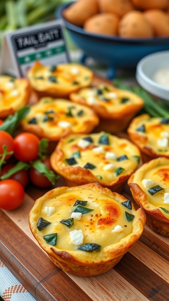 A tray of egg muffins with spinach and feta, ready for tailgating.