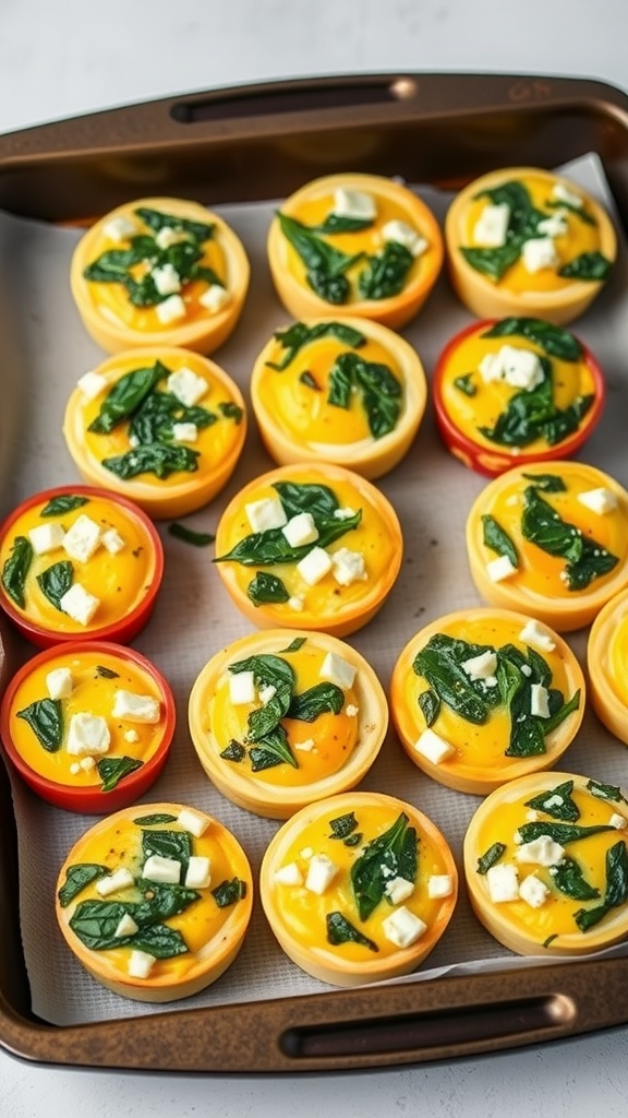 Baking tray filled with egg muffins topped with spinach and feta cheese