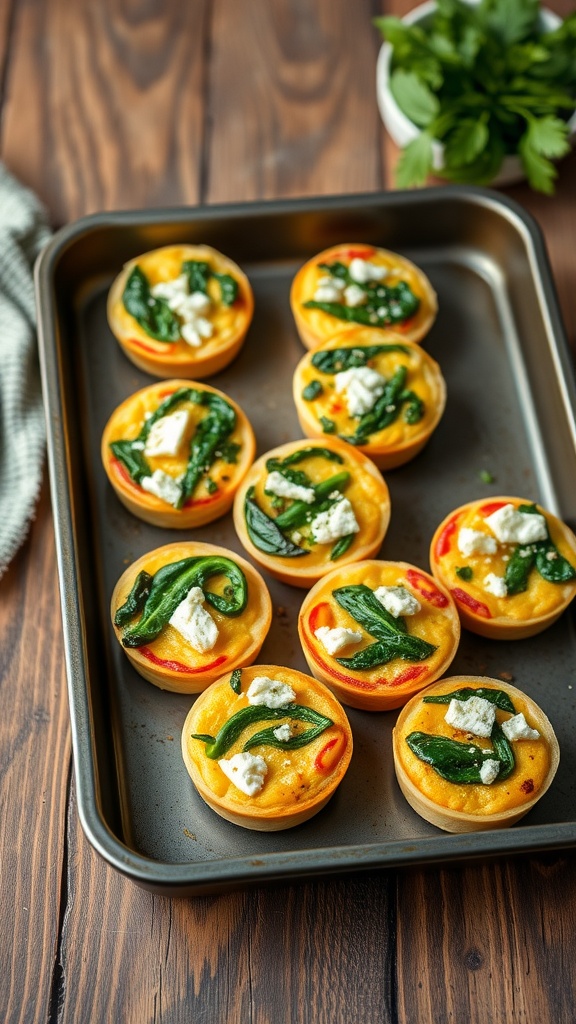 Baked egg muffins with spinach and feta on a tray