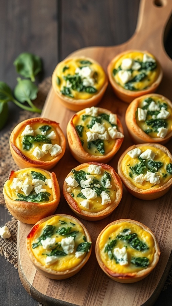 A wooden board with egg muffins filled with spinach and feta cheese.