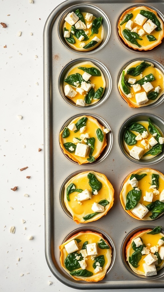A tray of egg muffins filled with spinach and feta cheese.