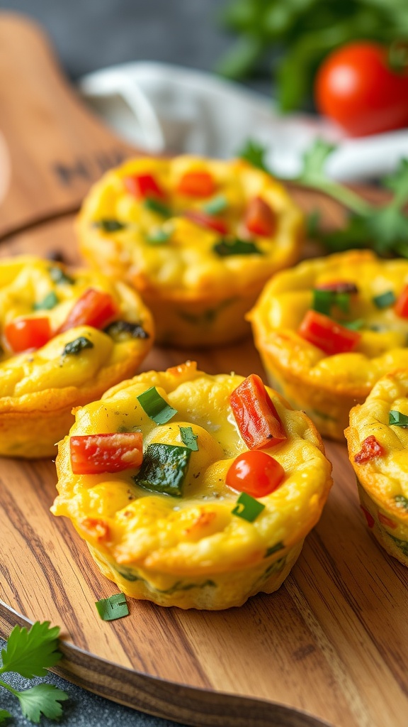 Colorful egg muffins with vegetables on a wooden board.