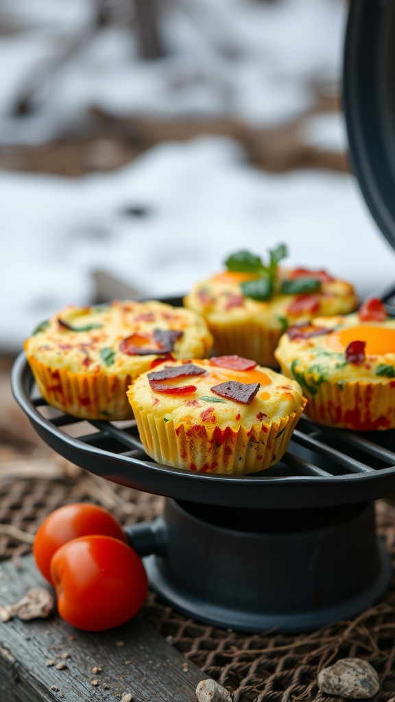 Egg muffins with veggies on a camping stove