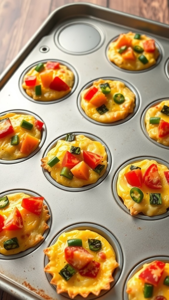 A tray of colorful egg muffins with veggies in a muffin pan.