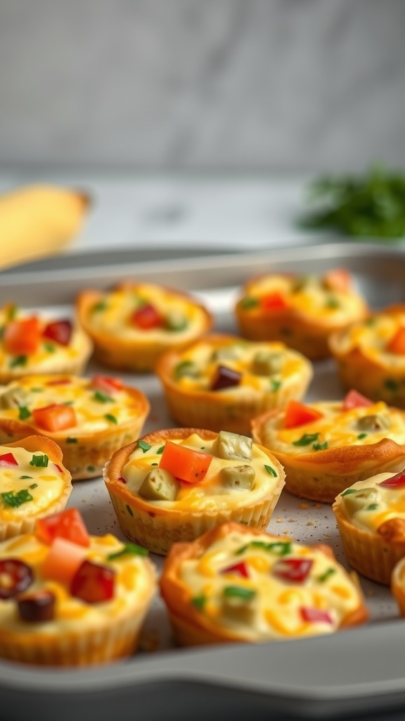 A tray of colorful egg muffins filled with veggies like bell peppers and green onions.