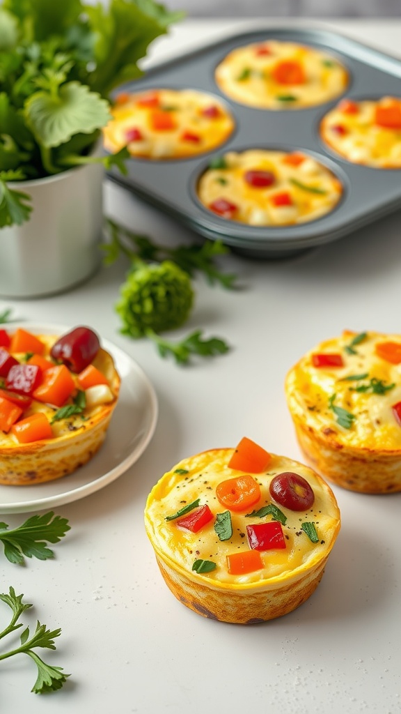 Delicious egg muffins with colorful veggies on a light surface