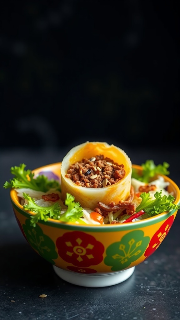 A colorful bowl filled with Egg Roll in a Bowl, featuring ground meat, vegetables, and garnished with fresh greens.