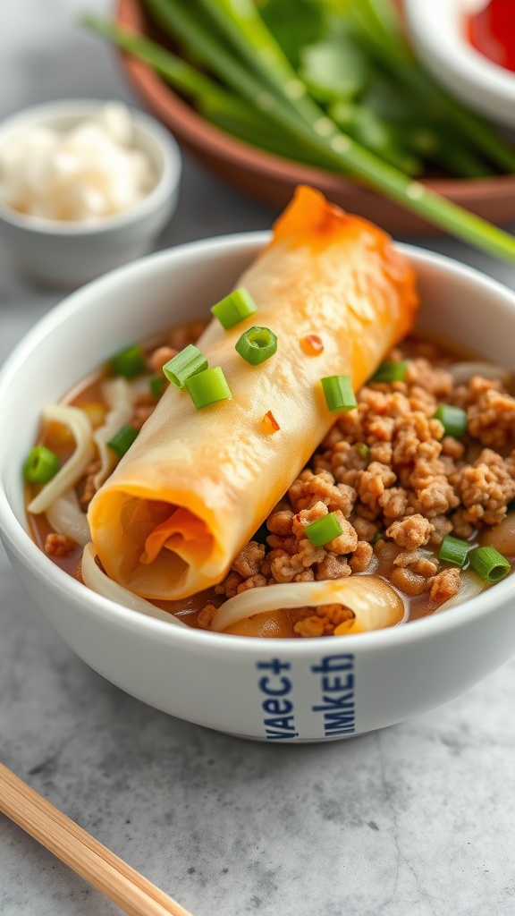 A bowl of Egg Roll in a Bowl with ground meat and chopped green onions, garnished with a spring roll.