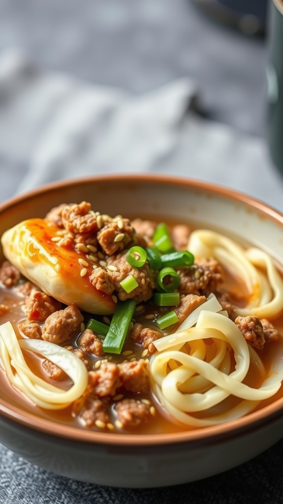 A bowl of Egg Roll in a Bowl featuring ground meat, noodles, and green onions.